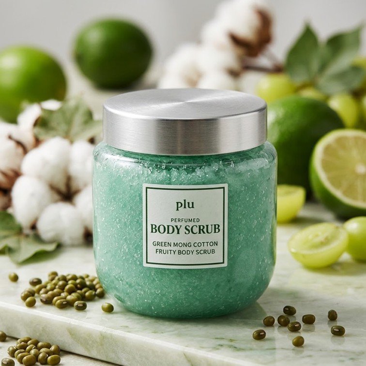 2026/09/1000032570.jpg Plu Perfumed Fruity Body Scrub (Green Mong Cotton) - 500g - Image 1