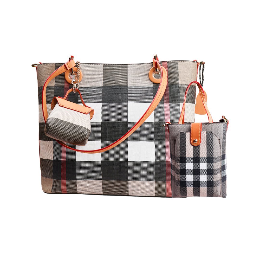 2026/09/1000032622.jpg Women Check Pattern Shoulder Tote Bag With Mini Pouch +( Black & white Colour ) - Image 1