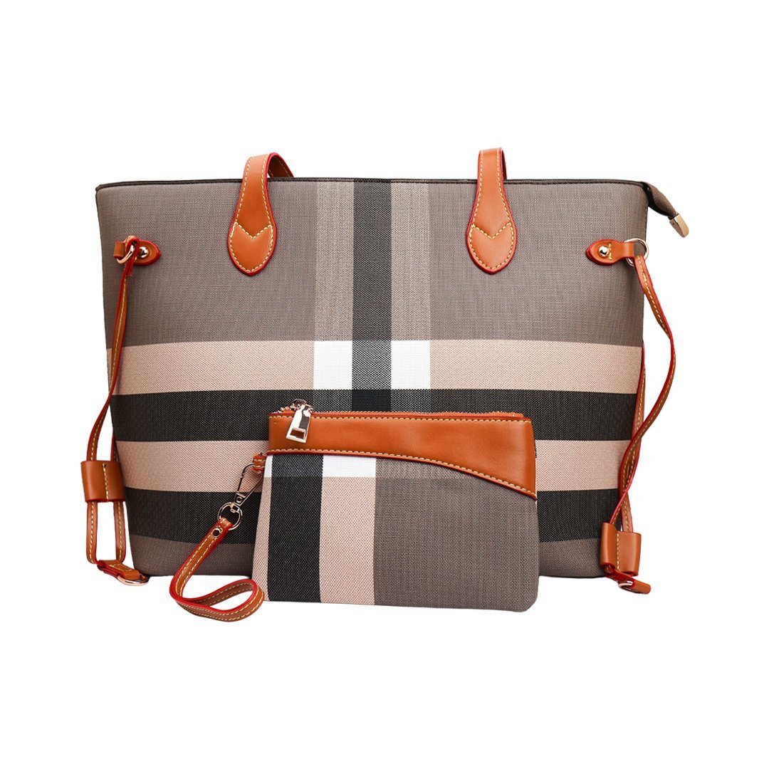 2026/09/1000032623.jpg Women Check Pattern Large Tote Shoulder Bag + ( Dark Birch Brown Colour ) - Image 1